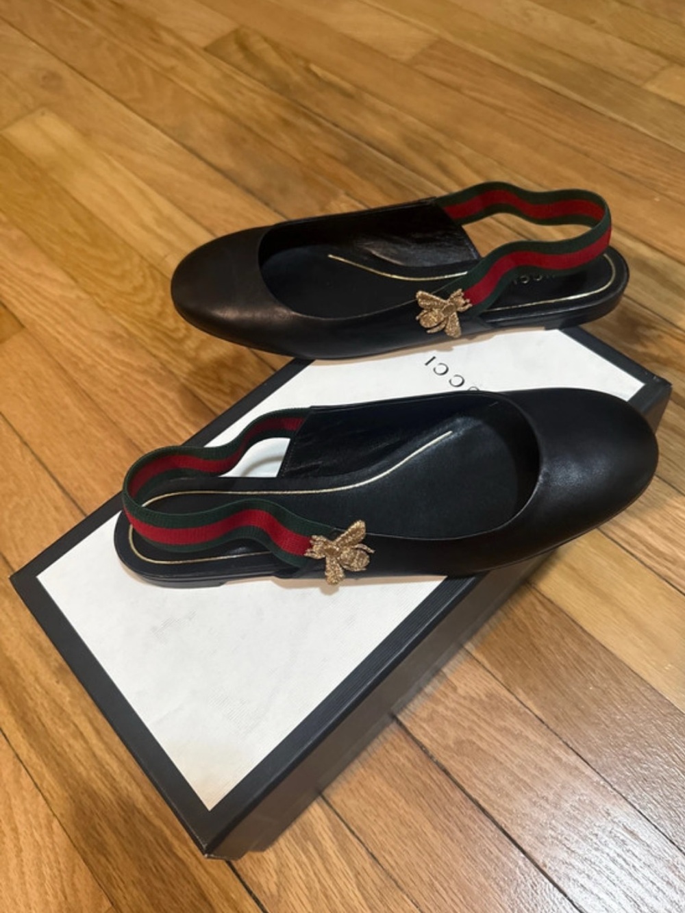 Gucci Black Leather Slingback Flats with Red-Green Webbing and Gold Bee